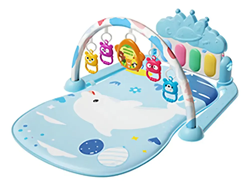 Gimnasio Acolchado Para Bebé Alfombra Infantil Con Piano Alfombra Musical Bebé Con Piano Para Patadas Azul, 5 Juguetes Colgantes Desmontables - Tapete Sensorial Plegable 1-36 Meses + Ideal