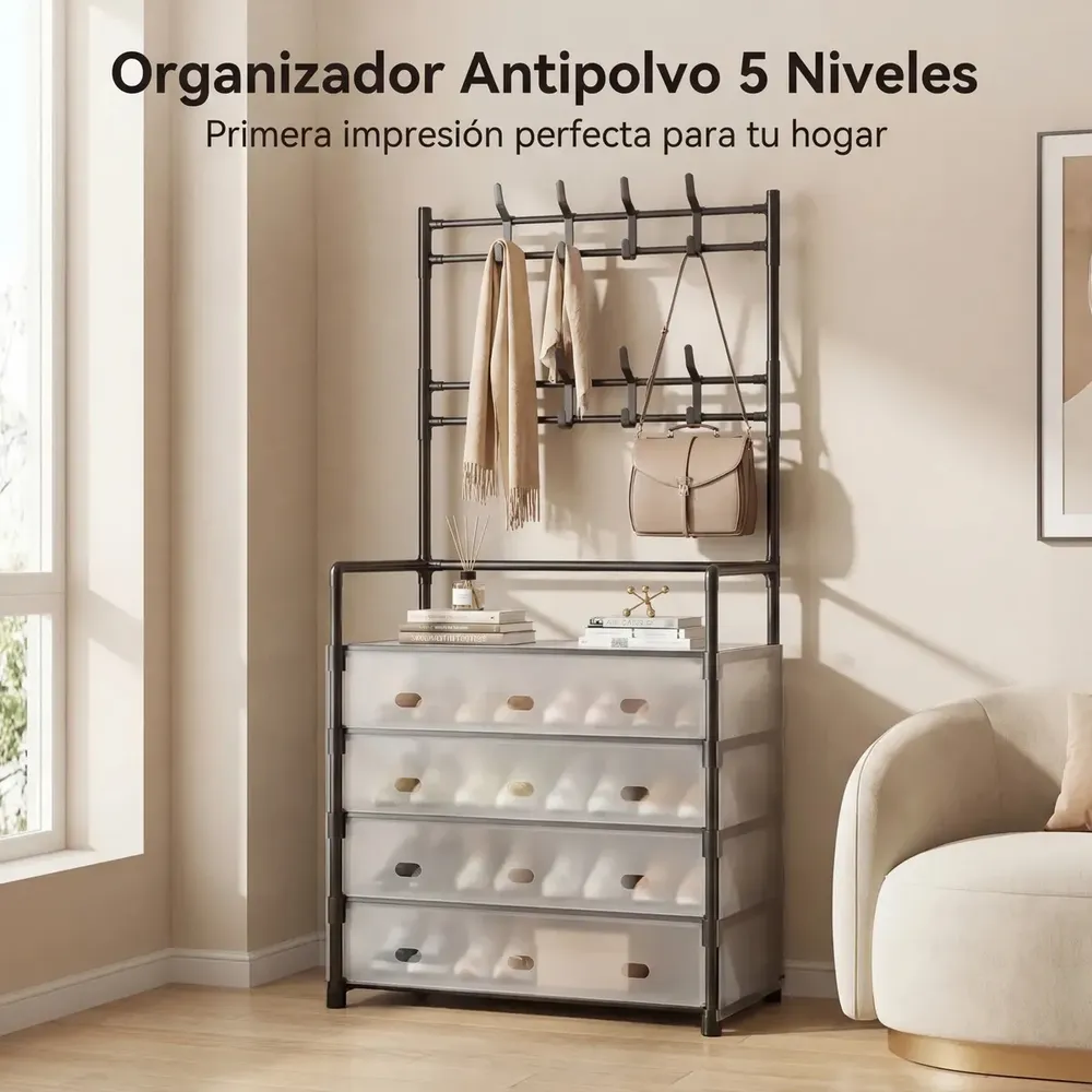 Zapateras Modernas 5 Niveles Muebles Armables Funda Antipolvo Mueble Zapatero Estante Organizador Perchero 3 En 1