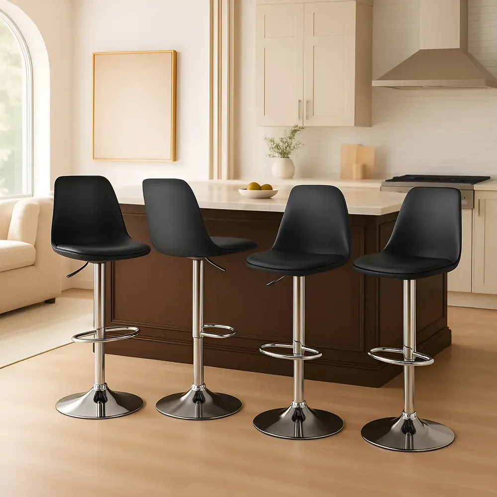 Set de 4 Sillas para Cocina y Comedor Respaldo Alto Asiento Negro Estructura Plateada Vinipiel Cómodo