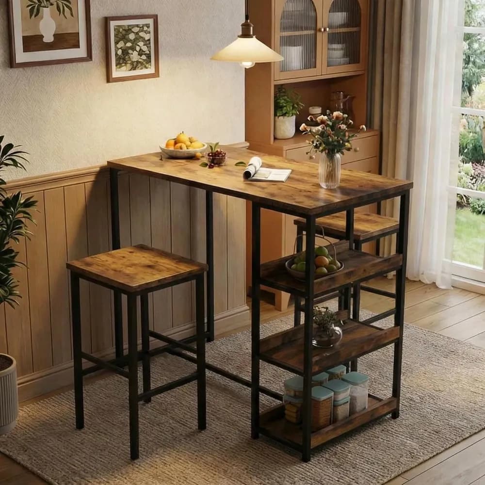 Conjunto De Cocina Con Estantes Y 2 Taburetes Altos