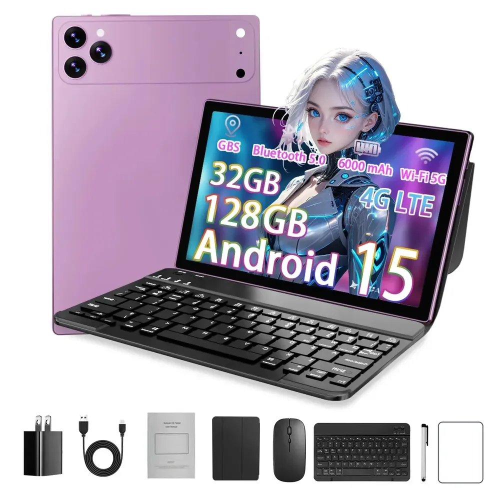 Tablet Android 15 Tableta Dual Sim 4g Lte 32gb+128gb 6000mah Octa-core 10.1'' Hd Pantalla Certificación Google Gms Tableta 2 En 1 Con Teclado Mouse Y Lápiz Óptico Bt Gps Full Hd 8+13 Mp