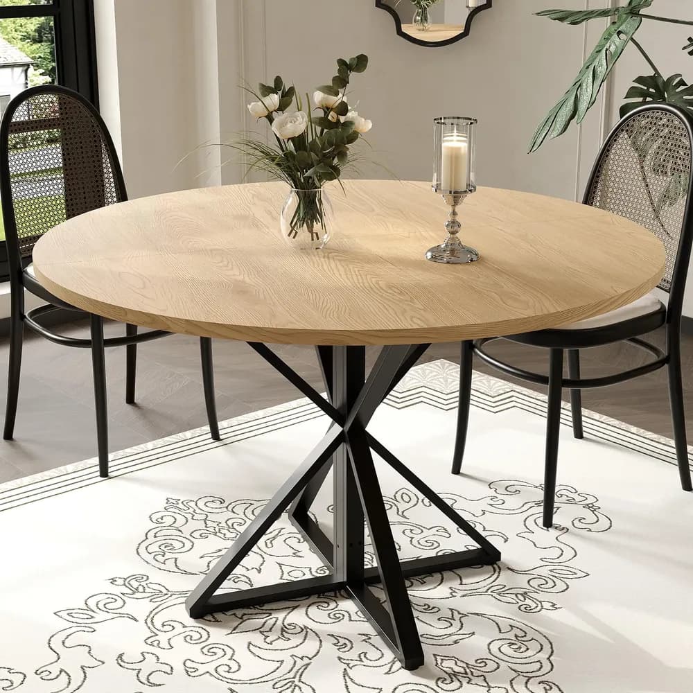 Mesa De Comedor Redonda Madera Y Metal Estilo Farmhouse
