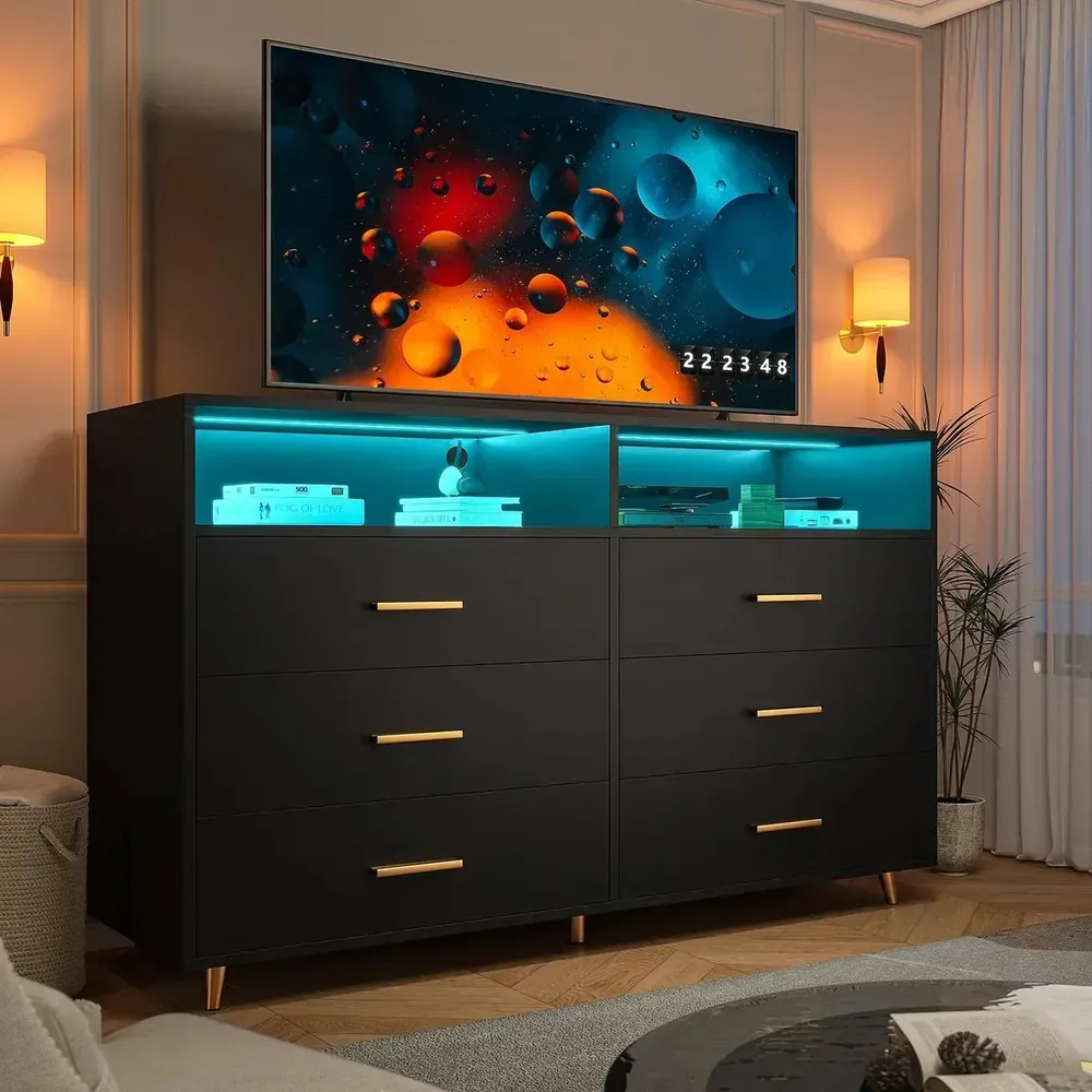 Mueble Para Tv Con 6 Luz Led Integrada, Estilo Moderno Negro