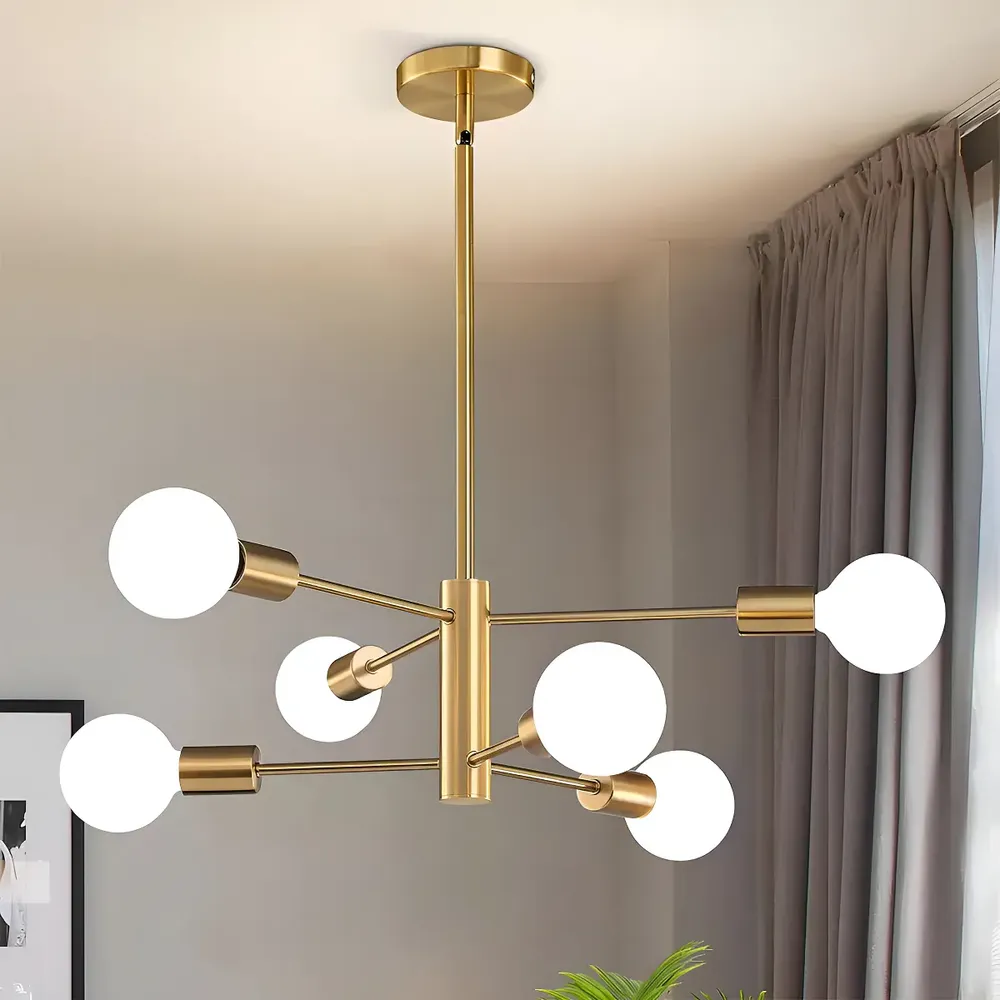 Moderno Colgante De Techo, 6 Luces De Color Dorado, Lámpara De Techo De Estilo Medieval, Ajustable En Altura, Adecuada Para Sala De Estar, Cocina, Comedor, Dormitorio, Vestíbulo.