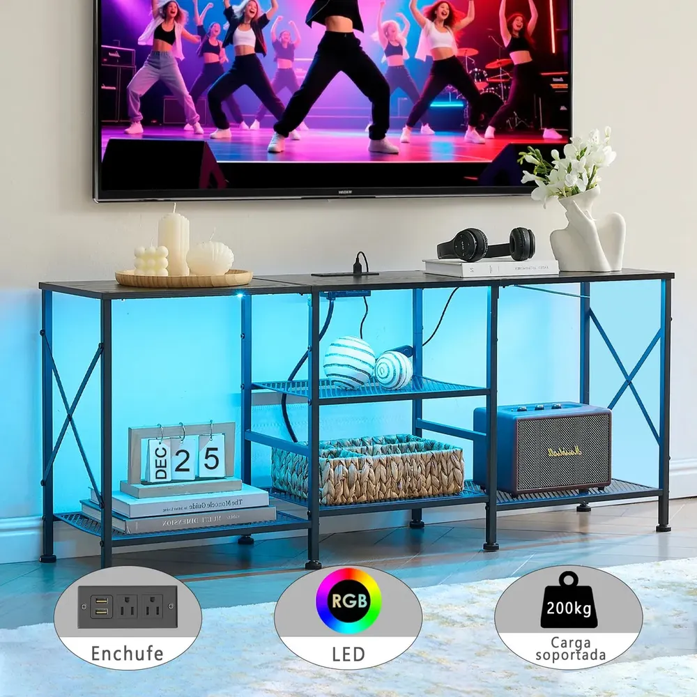 Mueble Para Tv 60 Pulgadas Con Luz Led Y Enchufe, Mesa para Tv Con Malla Negro Industrial