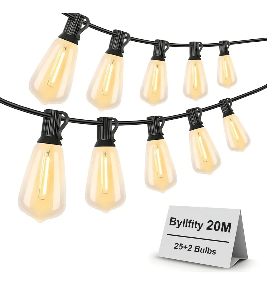 Bylifity Guirnalda De Luces Led Exterior, Cadena De Luces Led 20m 25+2 Focos Led St38 Inastillables Alto Brillo, Luces Colgantes A Prueba De Agua Para Porche Terraza Jardín Patio Trasero Balcón