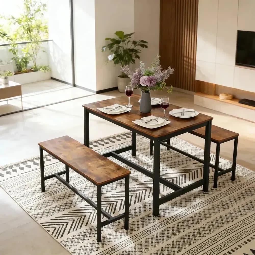 Mesa Rectangular De Comedor Moderna Con 2 Bancos Largos