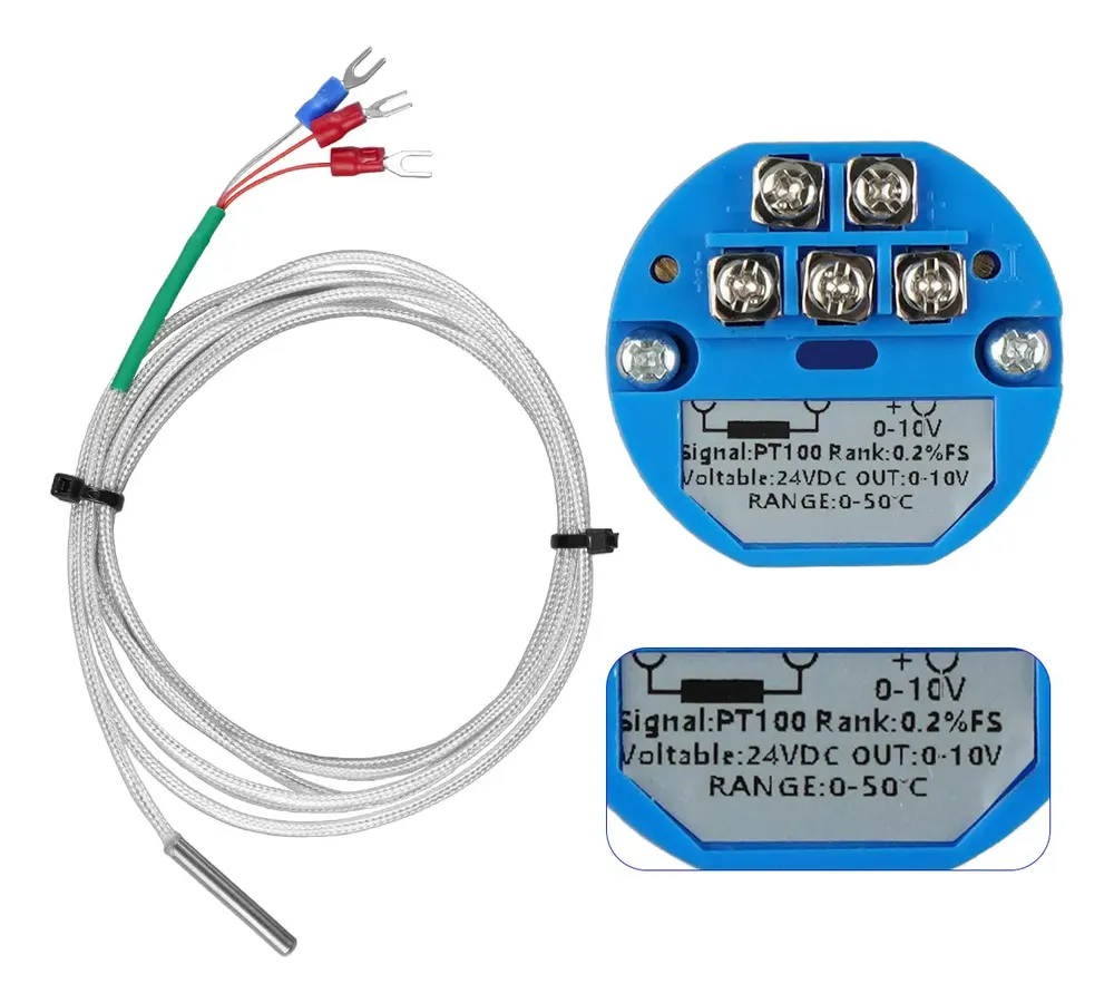 Transmisor Temperatura Rtd Pt100 24vdc 0-10v + Sensor De 2m