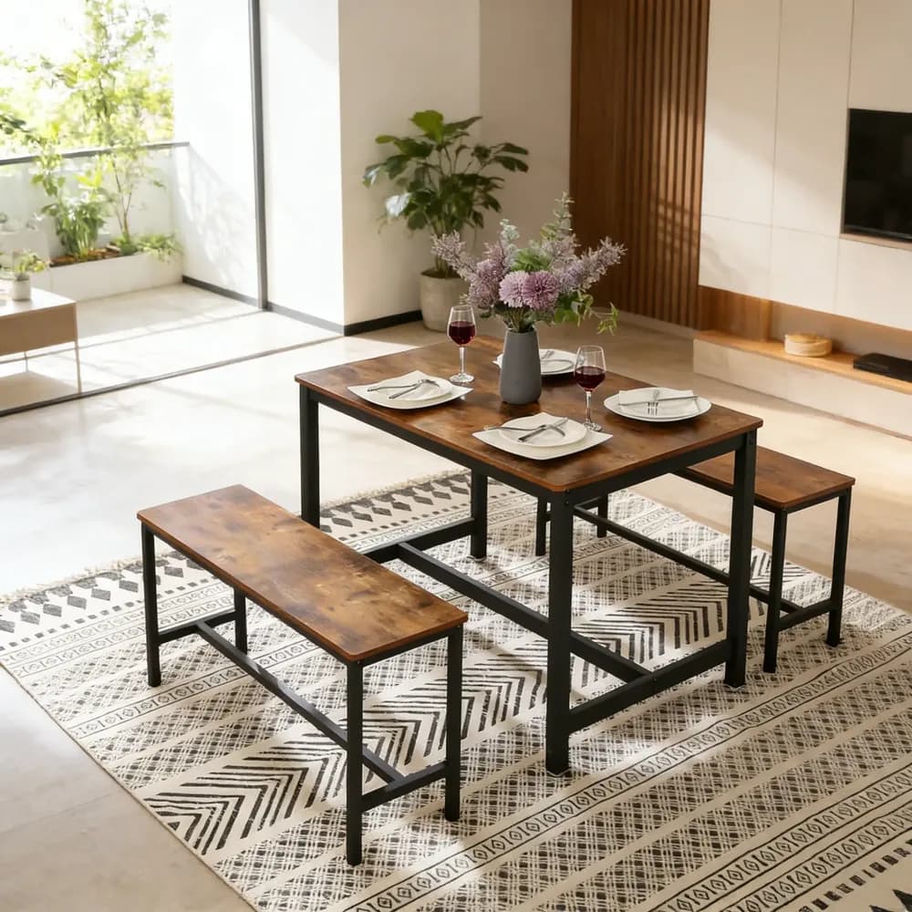 Mesa Rectangular De Comedor Moderna Con 2 Bancos Largos
