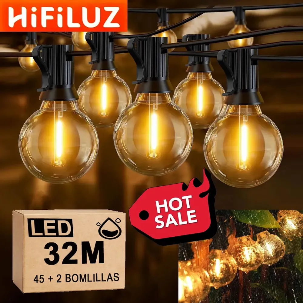 HiFiLUZ 32M Guirnalda de Luces Foco Led Ambar Adornos Decoracion Vintage en Cuartos y Jardin Longitud 45+2 Bombillas de Plástico Impermeable IP44 Bodahogar Cuarto Navidad