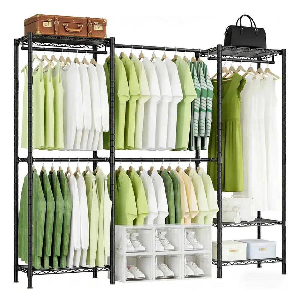 Perchero De Metal Ajustable Y Extensible Capacidad 800lbs,Rack Organizador Piso Para Ropa Con Ganchos de ropa, zapatos, bolsos y accesorios, (177-229) x 183 x 38cm,Alcance Telescópico57-110cm