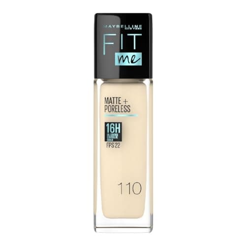 Maybelline Base de Maquillaje Líquida Fit Me Matte & Poreless, Porcelain 110, 30 ml, matifica y controla brillo por 16h, minimiza la apariencia de poros, arrugas y líneas de expresión