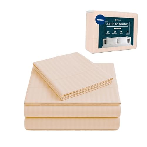 Bluelander Juego de Sabanas, Sabanas Individuales, 3 Piezas, 1800 Hilos, Cómodas y Frescas, Calidad de Lujo, Hipoalergénicas, Lavado a Máquina (Beige Rayas, Individual)