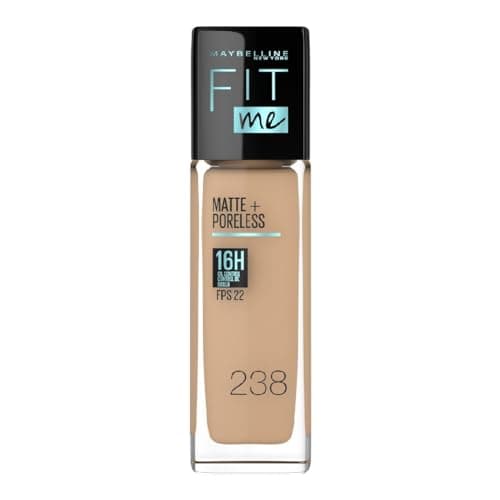 MAYBELLINE Base de Maquillaje Fit Me Matte + Poreless, Rich Tan 238, 30 ml, matifica y controla el brillo, se adapta al tono y la textura de la piel, tiene FPS 22, piel sin poros