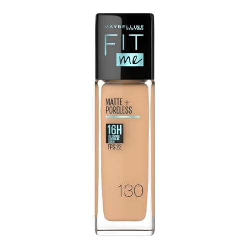 MAYBELLINE Base de Maquillaje Fit Me Matte + Poreless, Buff Beige 130, 30 ml, matifica y controla el brillo, se adapta al tono y la textura de la piel, tiene FPS 22, piel sin poros