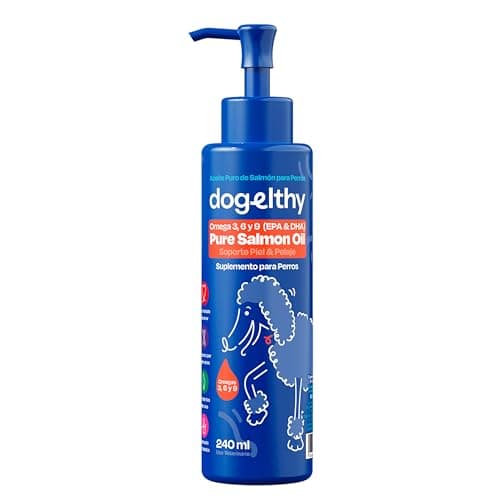 Dogelthy Pure Salmon Oil. Aceite de Salmon Omega 3 para Perro con 300 MG de EPA + DHA por Dosis. Suplemento de Aceite de Pescado para Perro. para Croquetas o Dieta Barf. (240 ml)