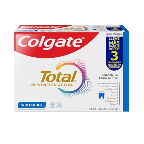 Colgate Total Whitening, Pasta dental Anticaries con Flúor, Ayuda a Remover Manchas para tener los Dientes Blancos, Pack 3x75ml
