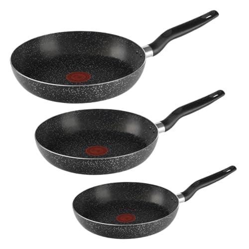 T-FAL Juego de sartenes easy cook efecto piedra cubierta antiadherente, con indicador de calor thermo-señal y base de difusión. Medidas de sartén 20, 24 y 26 cm, B4440482AMECS