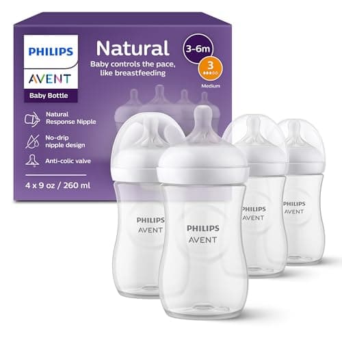 Philips Avent Biberón Natural Response con válvula anticólicos│9oz/260 ml│Flujo 3 Medio│4 piezas│SCY903/04