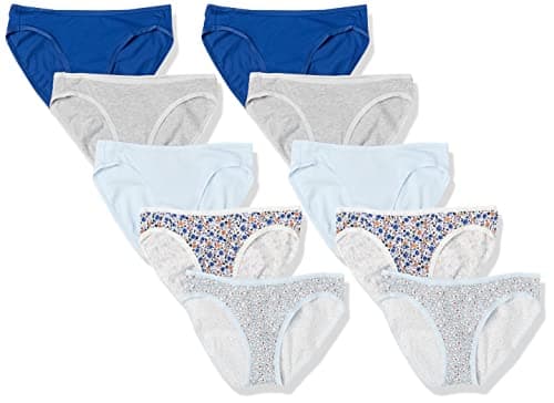 Amazon Essentials - Ropa Interior de Bikini de algodón para Mujer (Disponible en Tallas Grandes), Paquete de 10, Color Azul/Gris Jaspeado/Azul pálido/Floral/Floral, Talla M