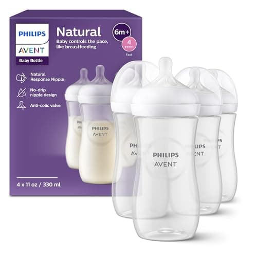Philips AVENT Biberón natural con pezón de respuesta natural, transparente, 11 onzas, paquete de 4 unidades, SCY906/04