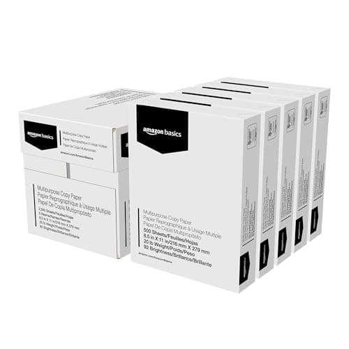 Amazon Basics - Papel de impresora multiusos, 21.6 x 27.9 cm, 9 kg, 5 resmas, 2500 hojas, 92 de brillo, blanco