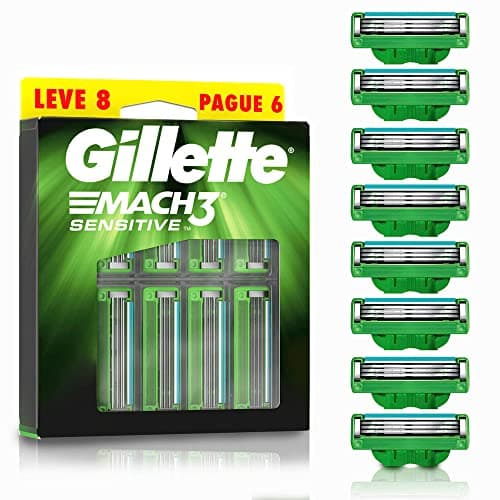 GILLETTE Mach3 Sensitive, Cartucho de Rastrillo para Afeitar, 8 Repuestos con Aloe & 3 Hojas para Rasurar, Rastrillo para Hombre con Piel Sensible