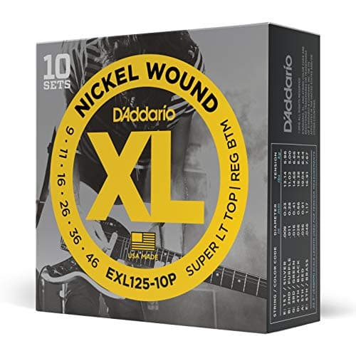 D'Addario | XL Super Pack | Cuerdas para Guitarra Eléctrica | 10 sets, 60 cuerdas | Calibre súper ligero agudos/regular graves, 09-46 | Enrollado de níquel | EXL125-10P | Sonido potente